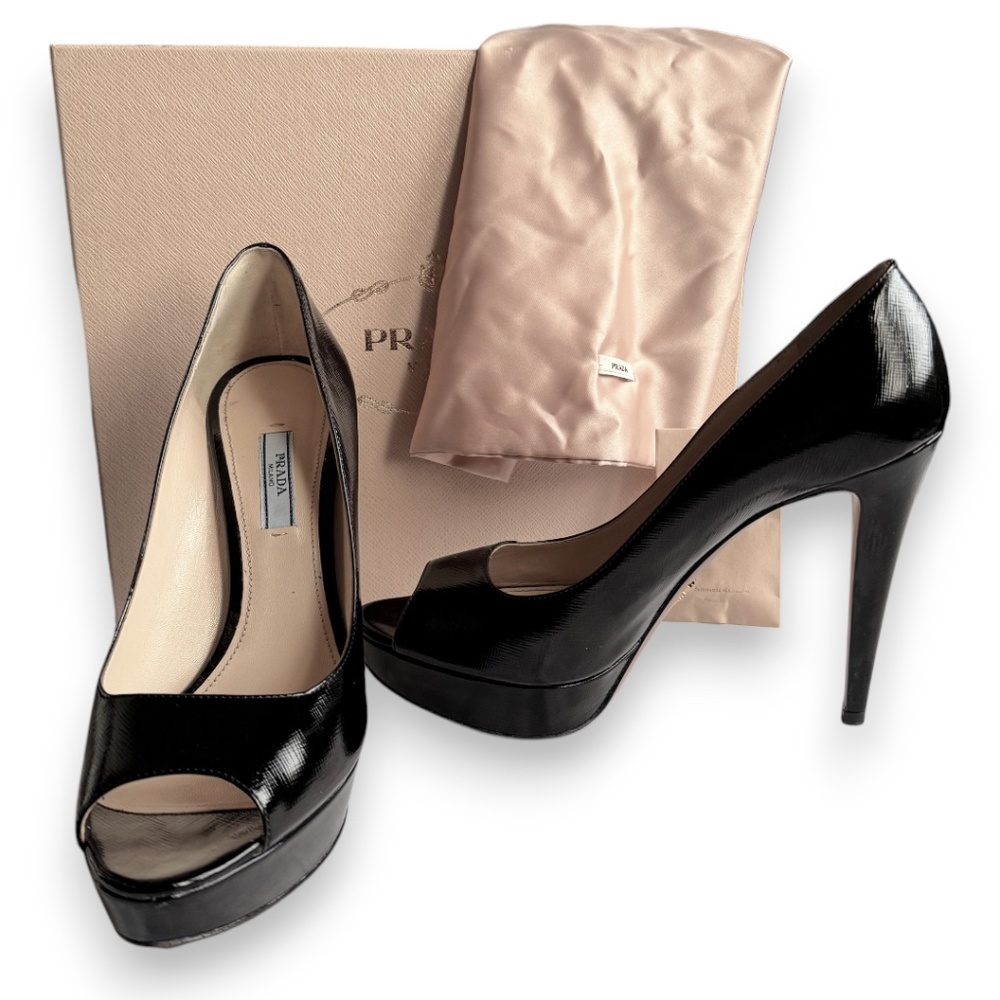 PRADA Vernice Saffiano leather peep toe platform pumps black size 39.5 - Picture 10 of 16